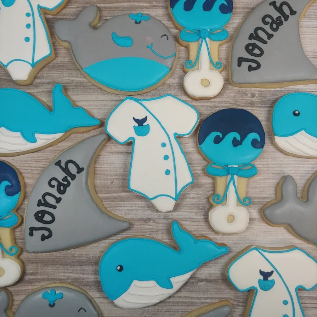 whale baby shower cookies