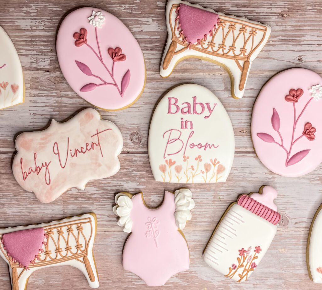 pink watercolor baby in bloom shower cookies